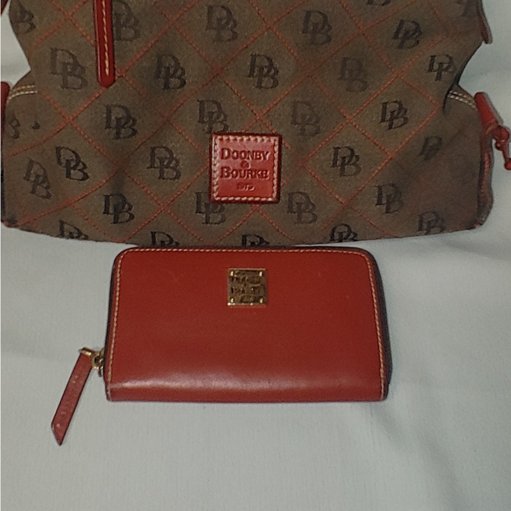 Dooney & Bourke signature brown and red leather hobo shoulder bag